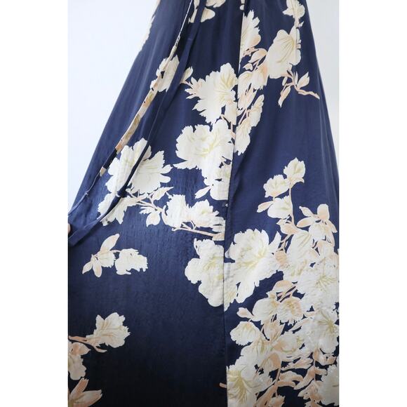 Shun Da Chinese 100% Silk Floral Printed Midi Dress Navy Blue Cream - Picture 9 of 12